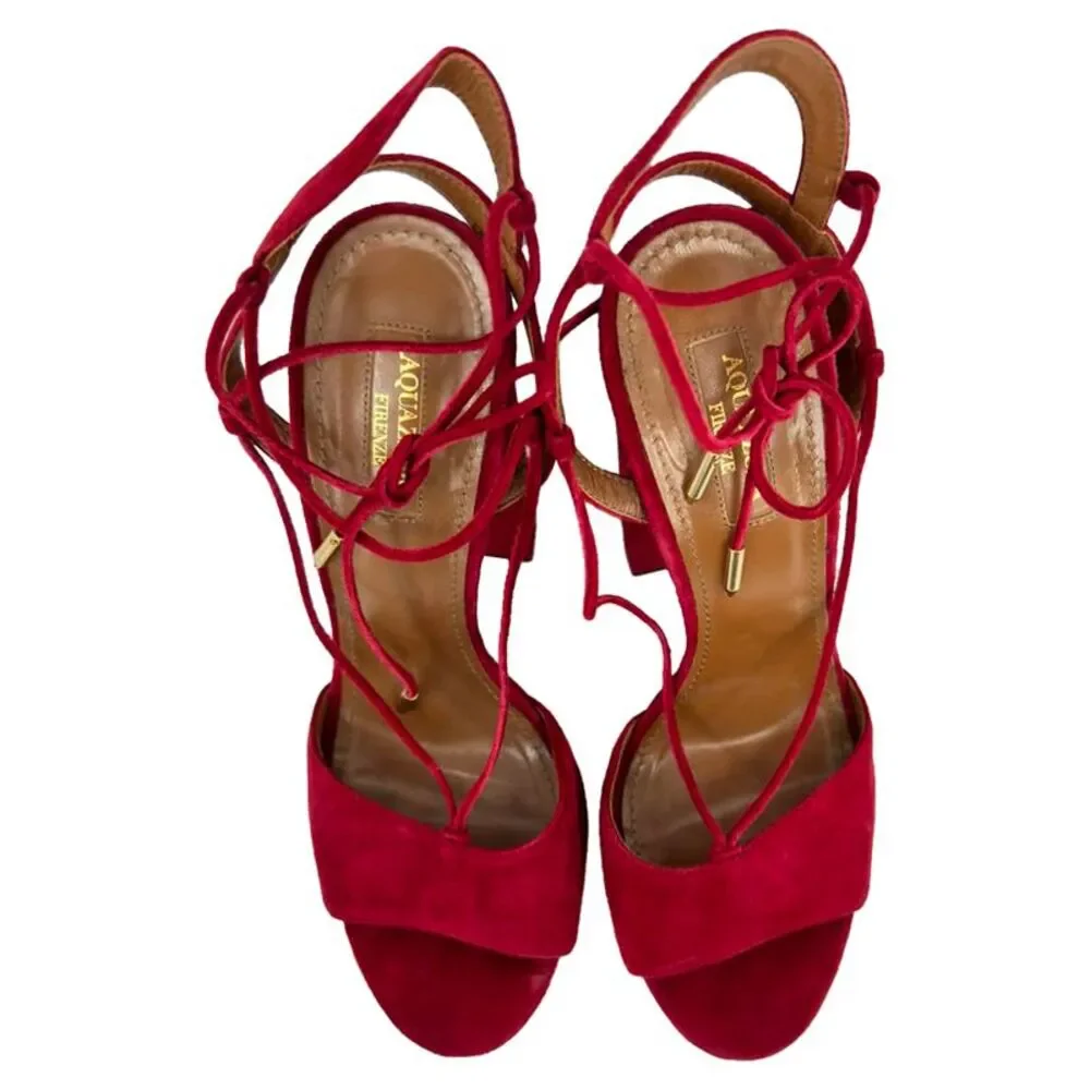 Aquazzura Austin Platform Sandal heels in Burgundy Suede
